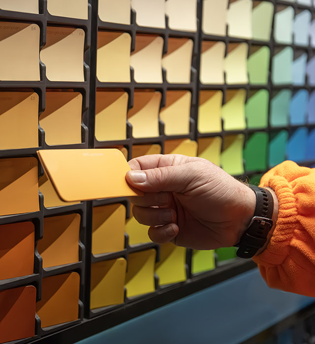 Powder coating colour samples used for architectural metal building and structural applications.