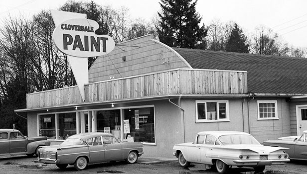 Historic Cloverdale Paint store exterior featuring original signage and vintage cars.