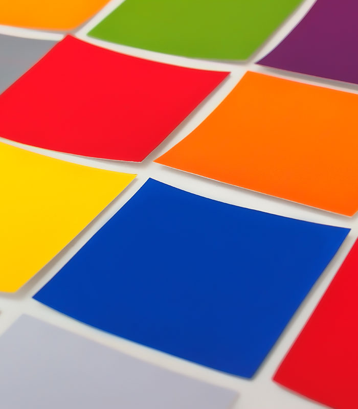 Colour reference guides and powder coating samples used to specify standard colours for industrial and architectural projects.