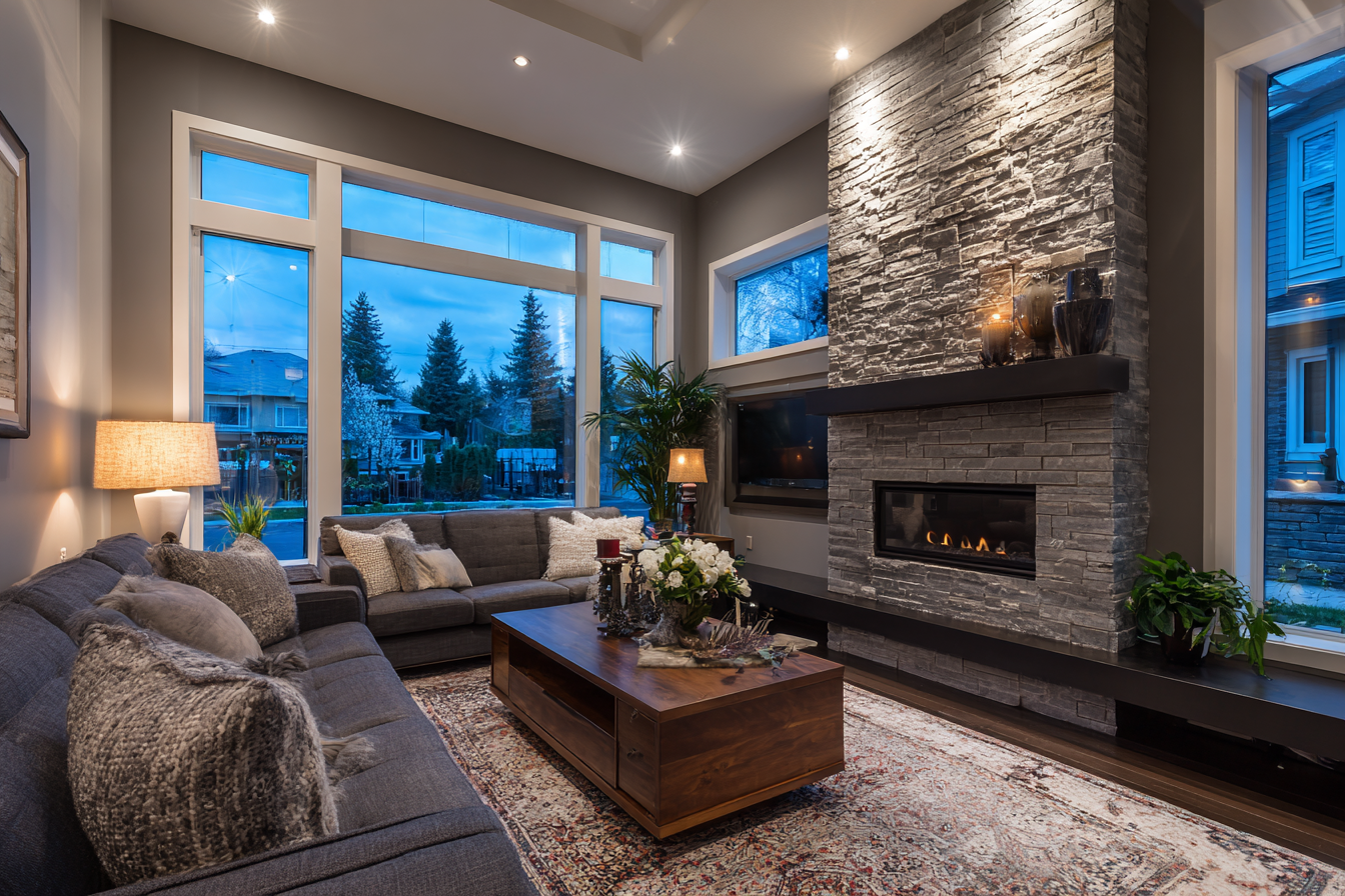 5 A cloverdalepaint_A_modern_Canadian_open-concept_living_room_at_7798472a-87c5-4cdc-9b26-7a536c2751bf_1 A modern Canadian open-concept living room at 4:30 PM dusk, walls painted in a warm greige.